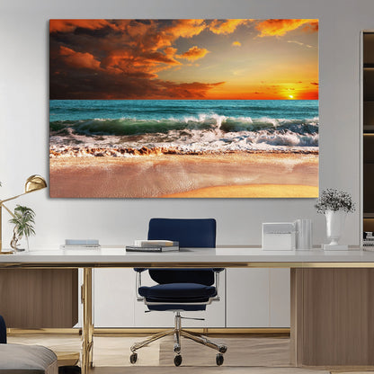 72948-MGV-CV-36X24-Ocean Sunset Wave Wall Art – Dramatic Seascape Canvas Print with Golden Sky and Crashing Waves, Coastal Beach Decor for Living