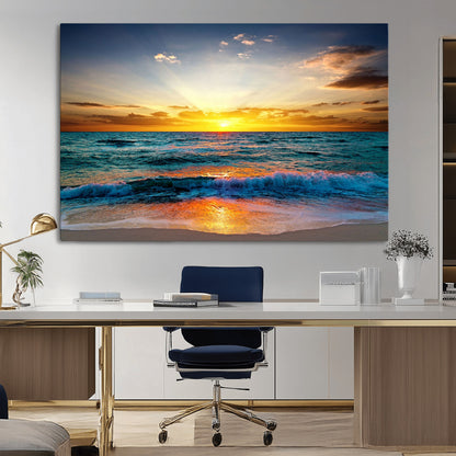 50627-MGV-CV-36X24-Ocean Sunset Wall Art – Serene Beach Canvas Print with Waves and Golden Sky, Coastal Decor for Living Room or Office