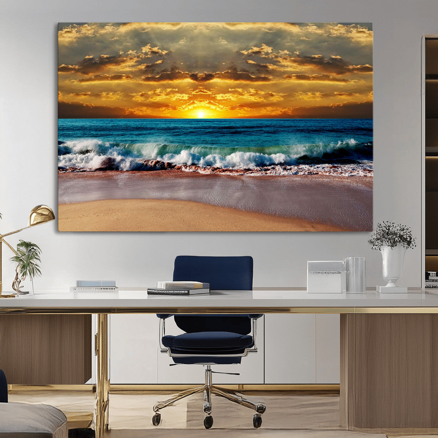 83389-MGV-CV-36X24-Ocean Sunrise Wall Art – Vibrant Beach Waves Canvas Print, Coastal Seascape Decor for Living Room or Office