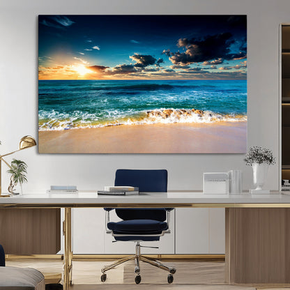 88985-MGV-CV-36X24-Ocean Sunset Wall Art – Tranquil Beach Waves Canvas Print, Coastal Seascape Decor for Living Room or Office