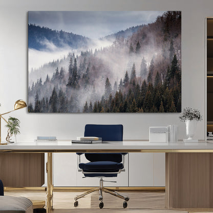18459-MGV-CV-36X24-Misty Pine Forest Wall Art – Serene Mountain Landscape Canvas Print, Tranquil Nature Artwork for Living Room, Bedroom, Cabin or