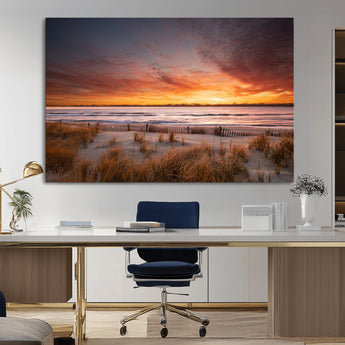 90176-MGV-CV-36X24-Beach Sunset Wall Art – Coastal Sand Dune Canvas Print with Ocean Waves and Dramatic Sky, Seaside Landscape Decor for Living Room