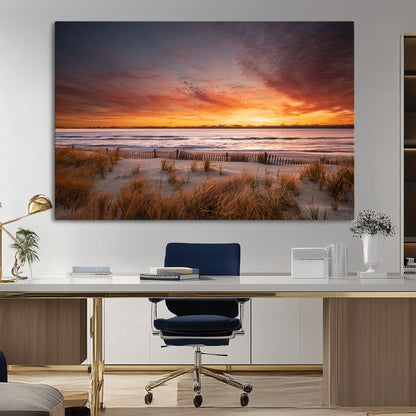 90176-MGV-CV-36X24-Beach Sunset Wall Art – Coastal Sand Dune Canvas Print with Ocean Waves and Dramatic Sky, Seaside Landscape Decor for Living Room