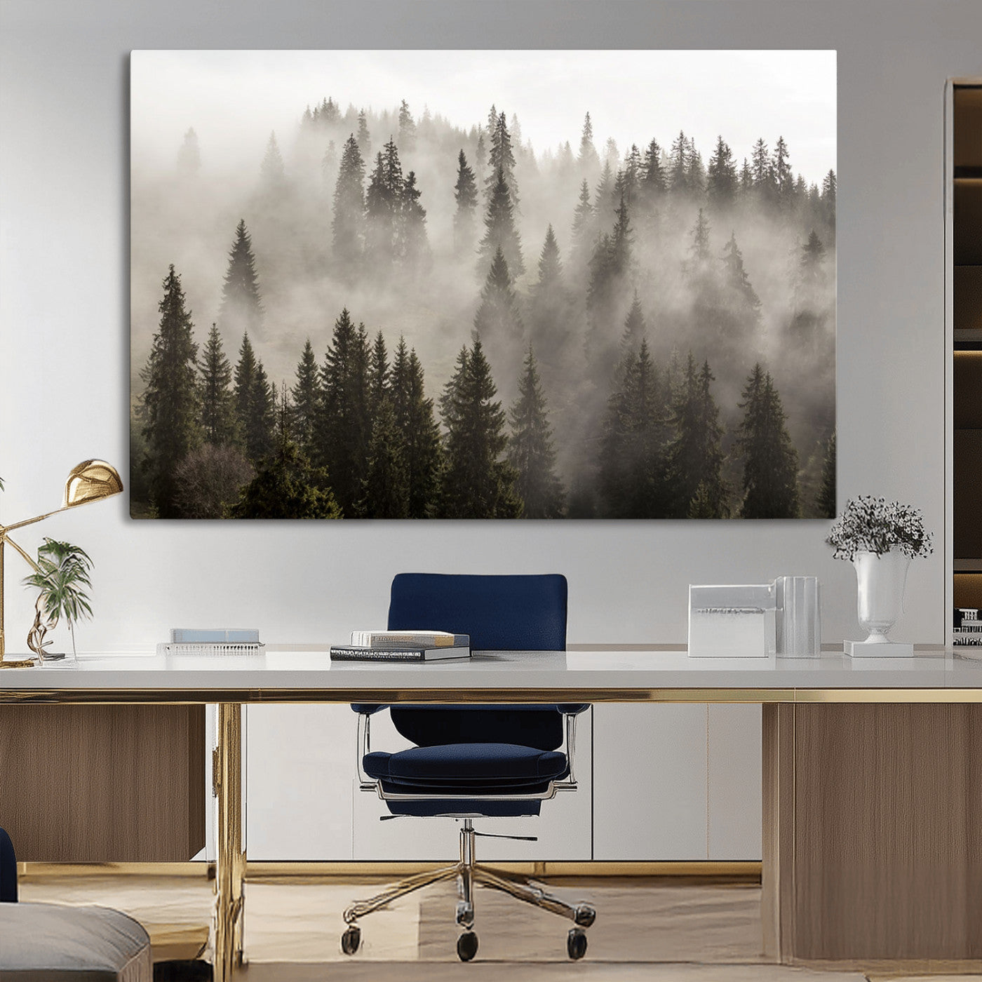 62862-MGV-CV-36X24-Misty Forest Wall Art – Tranquil Pine Tree Canvas Print with Mountain Fog, Nature Landscape Artwork for Living Room, Bedroom, or