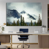 93219-MGV-CV-36X24-Misty Mountain Wall Art – Foggy Pines and Rocky Peaks Canvas Print, Nature Landscape Decor for Living Room, Office or Bedroom