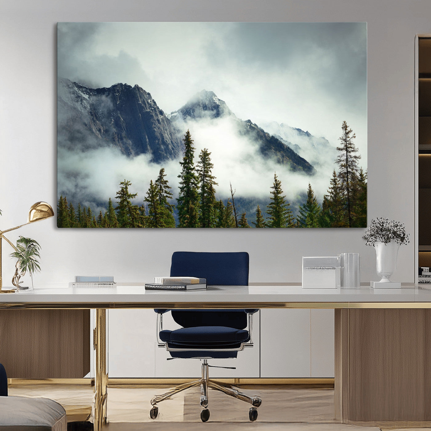 93219-MGV-CV-36X24-Misty Mountain Wall Art – Foggy Pines and Rocky Peaks Canvas Print, Nature Landscape Decor for Living Room, Office or Bedroom