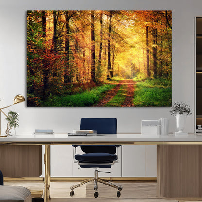 73494-MGV-CV-36X24-Golden Autumn Forest Path Wall Art – Sunlit Woodland Canvas Print, Fall Nature Landscape Home Decoration