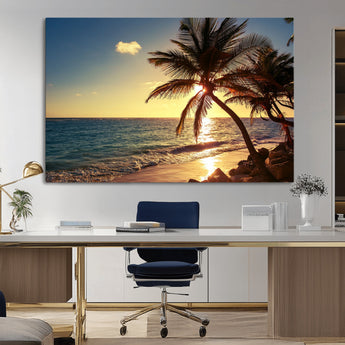 82710-MGV-CV-36X24-Palm Tree Sunset Beach Wall Art – Tropical Ocean Canvas Print, Coastal Paradise Seascape Decor for Living Room or Office Wall
