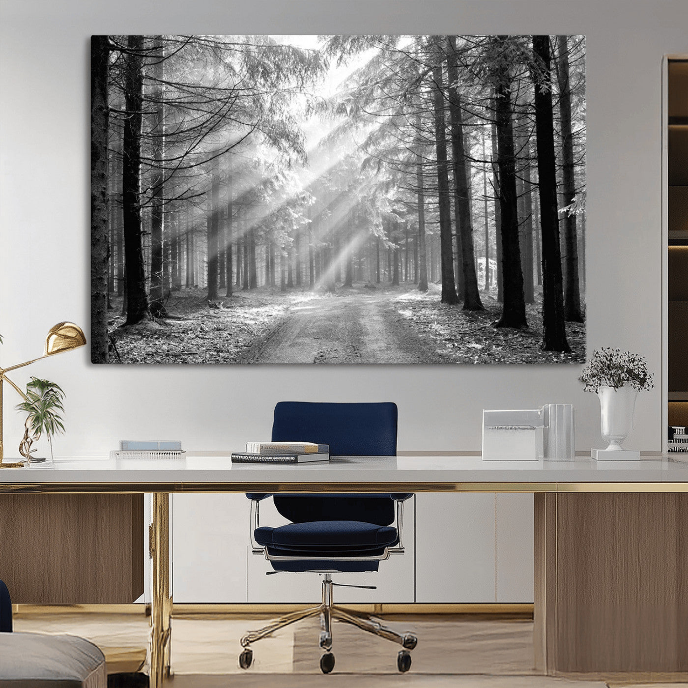 39665-MGV-CV-36X24-Black and White Forest Path Wall Art – Sunlight Rays in Trees Canvas Print, Nature Landscape Decor for Living Room
