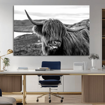 83810-MGV-CV-36X24-Highland Cow Wall Art – Black and White Highland Cattle Print, Rustic Farmhouse Animal Decor for Living Room