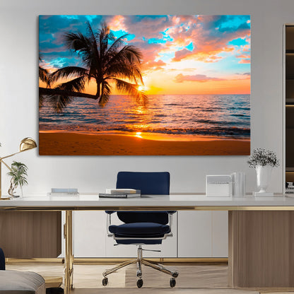 34674-MGV-CV-36X24-Tropical Sunset Beach Wall Art – Palm Tree Ocean Canvas Print, Coastal Seascape Decor for Living Room or Office Wall