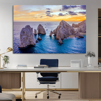72955-MGV-CV-36X24-Ocean Rock Formation Wall Art – Sunset Coastal Seascape Print, Beach Landscape Decor for Living Room or Office