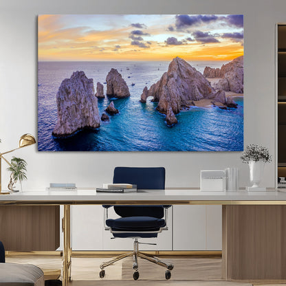 72955-MGV-CV-36X24-Ocean Rock Formation Wall Art – Sunset Coastal Seascape Print, Beach Landscape Decor for Living Room or Office