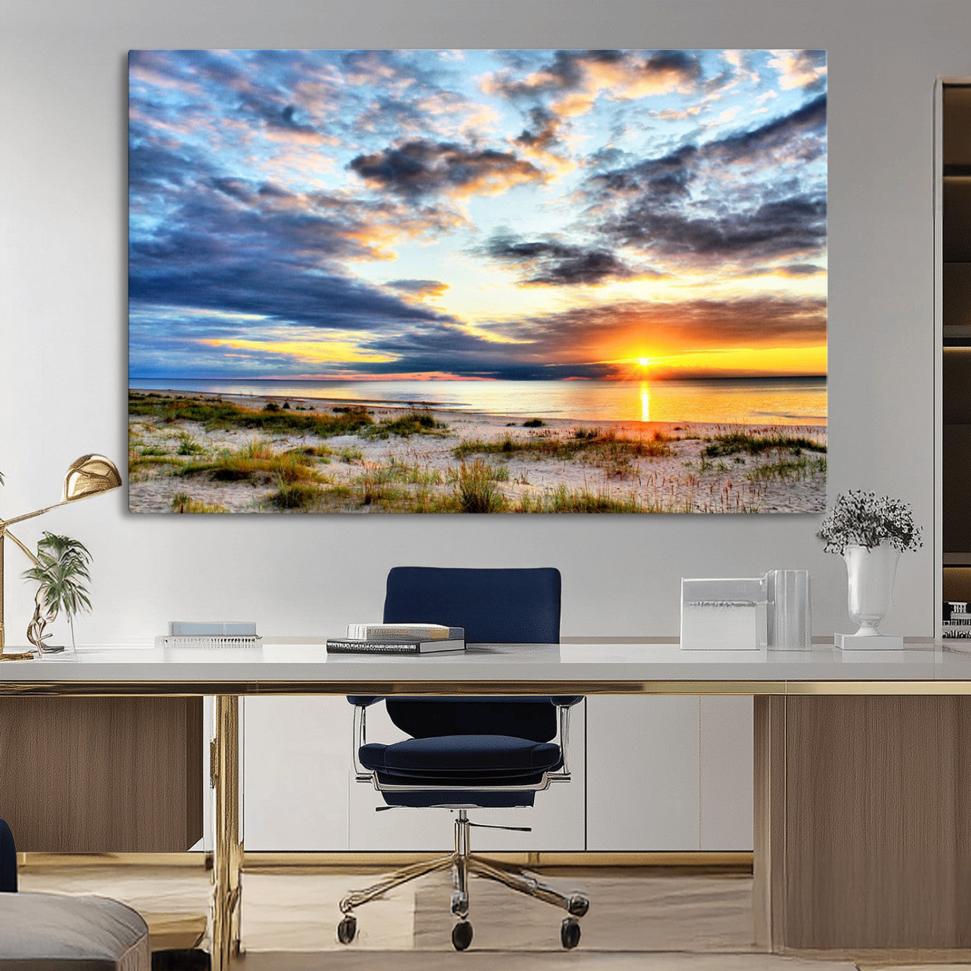 39645-MGV-CV-36X24-Golden Beach Sunset Wall Art – Serene Ocean Horizon Canvas Print, Coastal Nature Landscape Decor for Living Room, Bedroom or