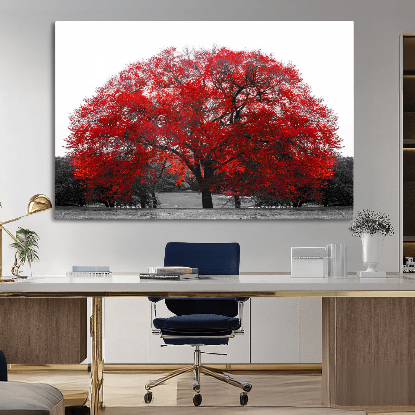 80021-MGV-CV-36X24-Red Tree Wall Art – Striking Black and White Landscape Canvas Print with Vibrant Red Leaves, Modern Nature Decor for Living Room