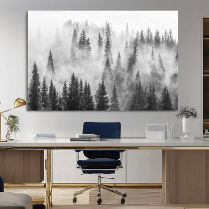 10422-MGV-CV-36X24-Misty Pine Forest Wall Art – Black and White Foggy Landscape Canvas Print, Serene Nature Woodland Decor for Bedroom, Office or
