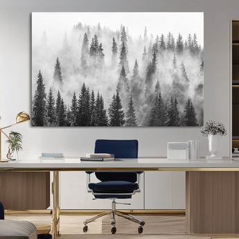 10422-MGV-CV-36X24-Misty Pine Forest Wall Art – Black and White Foggy Landscape Canvas Print, Serene Nature Woodland Decor for Bedroom, Office or