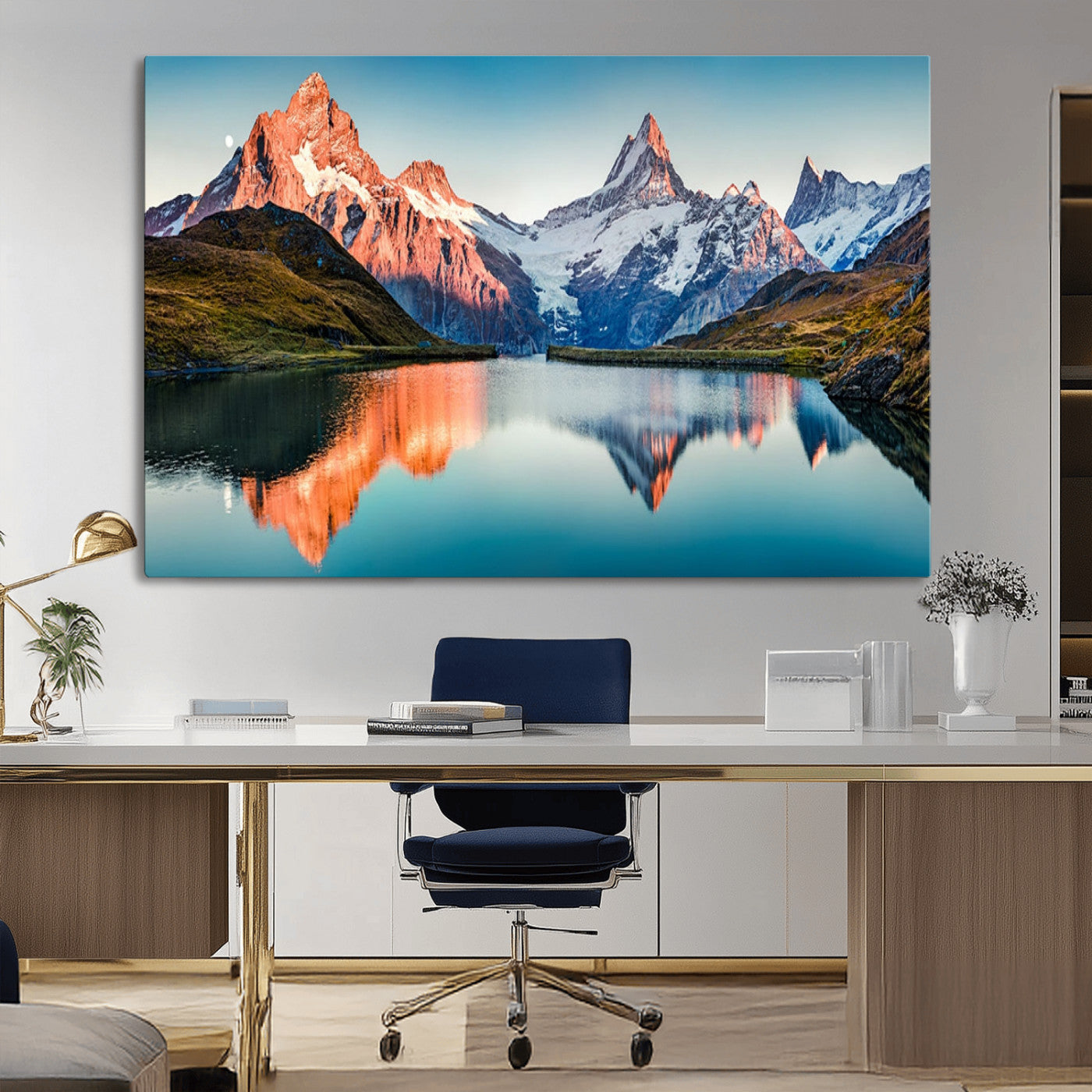 88453-MGV-CV-36X24-Mountain Lake Wall Art – Snow-Capped Peaks Reflected in Alpine Water Canvas Print, Nature Landscape Wall Decor for Living Room or