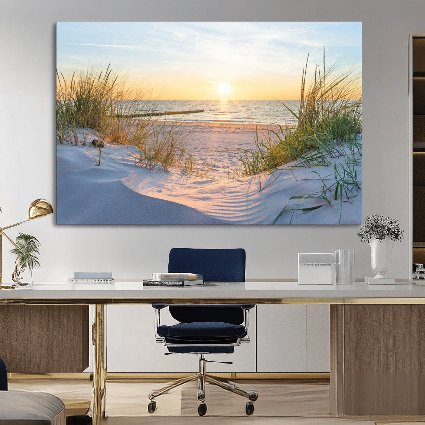 48907-MGV-CV-36X24-Beach Sunset Wall Art – Coastal Sand Dunes and Ocean View Canvas Print, Serene Seaside Landscape Painting for Living Room, Bedroom