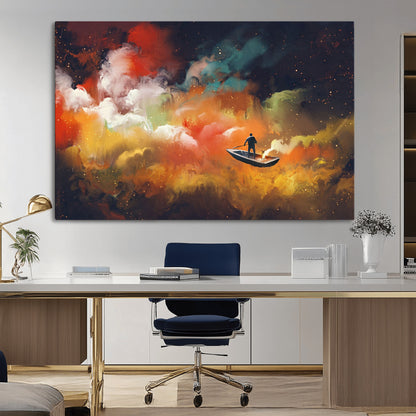 45085-MGV-CV-36X24-Surreal Cosmic Wall Art – Abstract Galaxy Dreamscape Canvas Print with Man and Dog in Boat, Fantasy Nebula Painting for Living