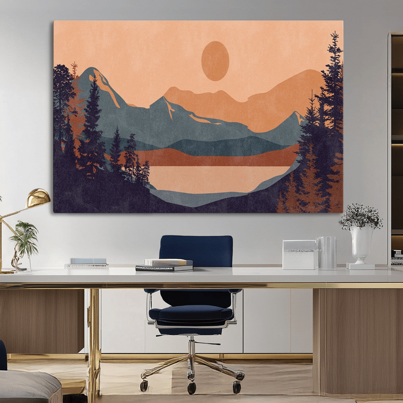 62795-MGV-CV-36X24-Minimalist Mountain Landscape Wall Art – Abstract Sunset Over Peaks and Pine Trees Canvas Print, Modern Nature Decor for Living