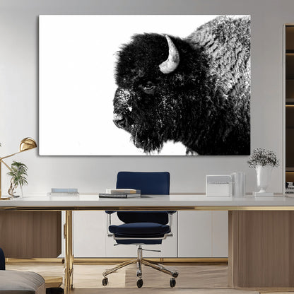 68780-MGV-CV-36X24-Bison Close-Up Wall Art – Black and White Buffalo Canvas Print, Rustic Wildlife Photography Decor for Living Room, Office, or