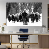 62434-MGV-CV-36X24-Bison Herd Wall Art – Majestic Black and White Buffalo Canvas Print, Wildlife Nature Photography Decor for Living Room, Office or