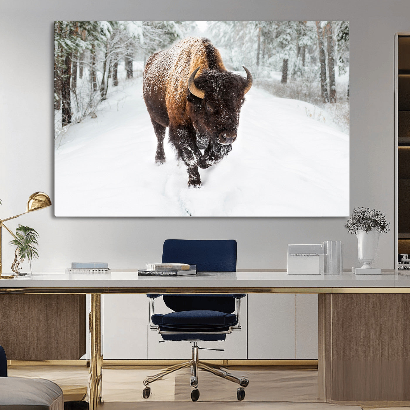 84699-MGV-CV-36X24-Bison in Winter Wall Art – Majestic Buffalo Canvas Print with Snowy Forest Landscape, Rustic Wildlife Artwork for Cabin, Living