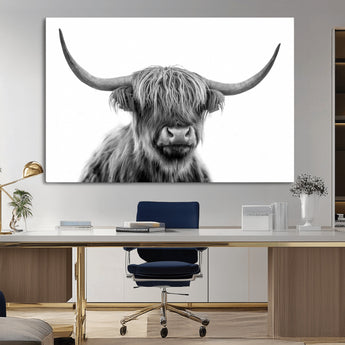 10123-MGV-CV-36X24-Black and White Highland Cow Wall Art – Modern Farmhouse Animal Print, Rustic Scottish Bull Canvas Decor for Living Room, Bedroom,