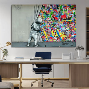 51713-MGV-CV-36X24-Colorful Graffiti Street Art Wall Mural – Child Pulling Curtain Canvas Print, Urban Pop Art, Modern Abstract Wall Decor for Living