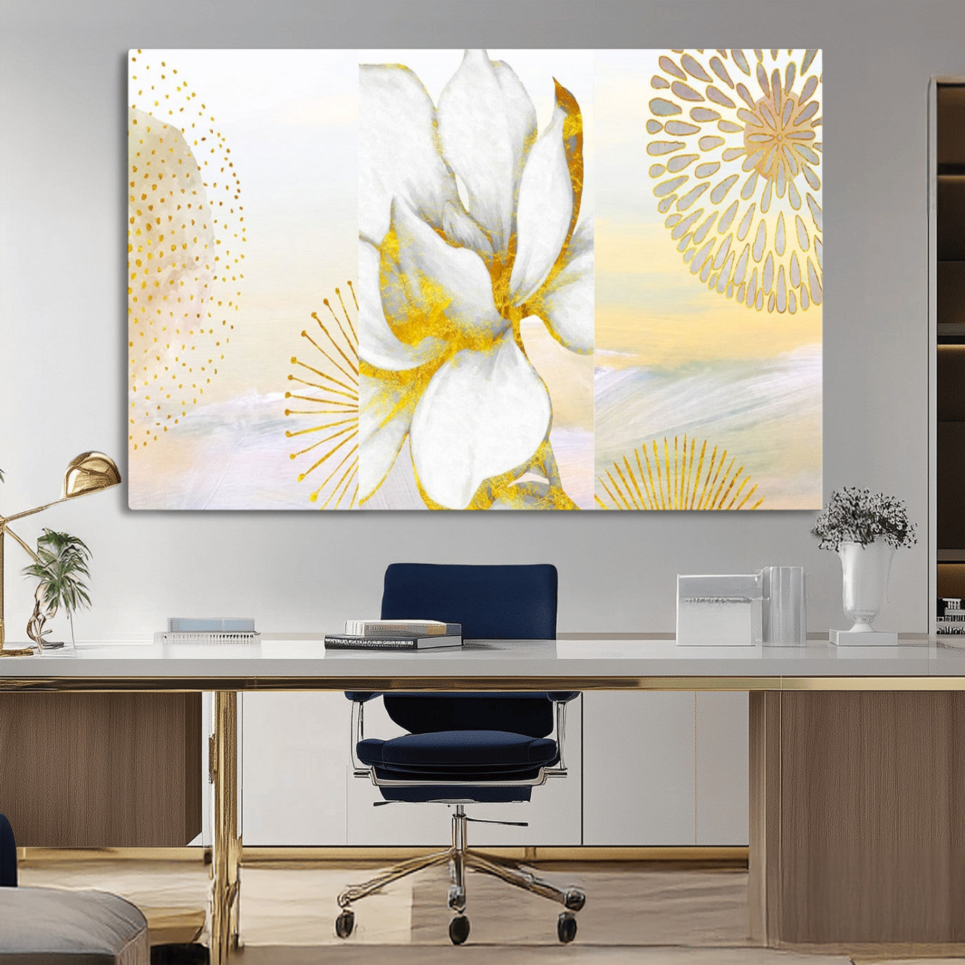 82301-MGV-CV-36X24-Modern Floral Wall Art – White Flower with Gold Detailing Canvas Print, Elegant Abstract Artwork for Living Room, Bedroom, or