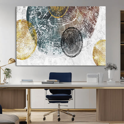 70653-MGV-CV-36X24-Abstract Tree Ring Wall Art – Modern Rustic Wood Slice Canvas Print with Gold Accents, Contemporary Nature Decor for Living Room,