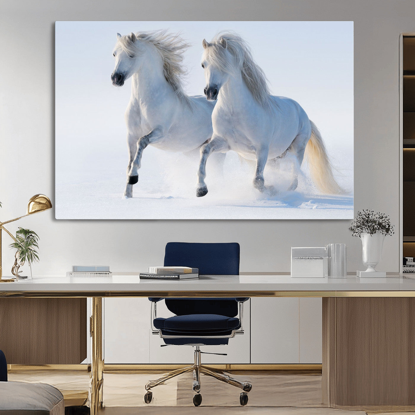 80145-MGV-CV-36X24-White Horses Running Snow Wall Art – Majestic Equine Canvas Print, Winter Nature Photography Decor for Living Room, Office,