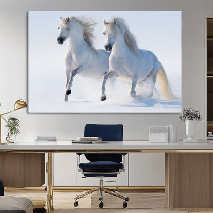80145-MGV-CV-36X24-White Horses Running Snow Wall Art – Majestic Equine Canvas Print, Winter Nature Photography Decor for Living Room, Office,