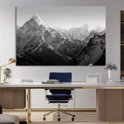 10775-MGV-CV-36X24-Snow Capped Mountain Wall Art – Black and White Canvas Print of Majestic Peaks, Nature Landscape Photography for Office, Bedroom,
