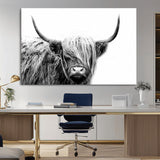 51957-MGV-CV-36X24-Highland Cow Wall Art – Black and White Scottish Highland Bull Canvas Print, Rustic Farmhouse Animal Decor for Living Room,