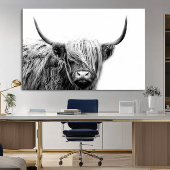 51957-MGV-CV-36X24-Highland Cow Wall Art – Black and White Scottish Highland Bull Canvas Print, Rustic Farmhouse Animal Decor for Living Room,