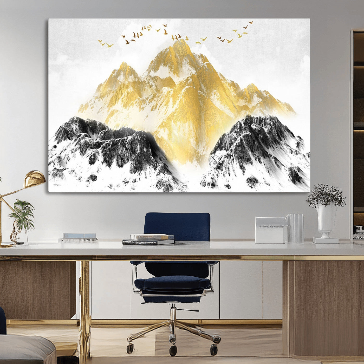 37733-MGV-CV-36X24-Golden Mountain Wall Art – Modern Abstract Landscape Canvas Print with Birds, Luxury Nature Decor for Living Room, Bedroom, or
