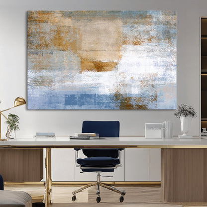72354-MGV-CV-36X24-Blue and Gold Abstract Wall Art – Modern Minimalist Canvas Print, Textured Contemporary Painting for Living Room, Bedroom, or