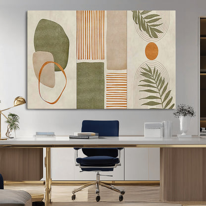 96002-MGV-CV-36X24-Abstract Geometric Wall Art – Modern Canvas Print with Green, Orange & Beige Shapes, Minimalist Home Decor for Living Room, Office