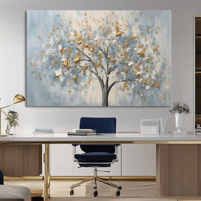 65811-MGV-CV-36X24-Abstract Tree Wall Art – Textured Canvas Painting with Gold and White Leaves, Modern Nature Inspired Decor for Living Room or