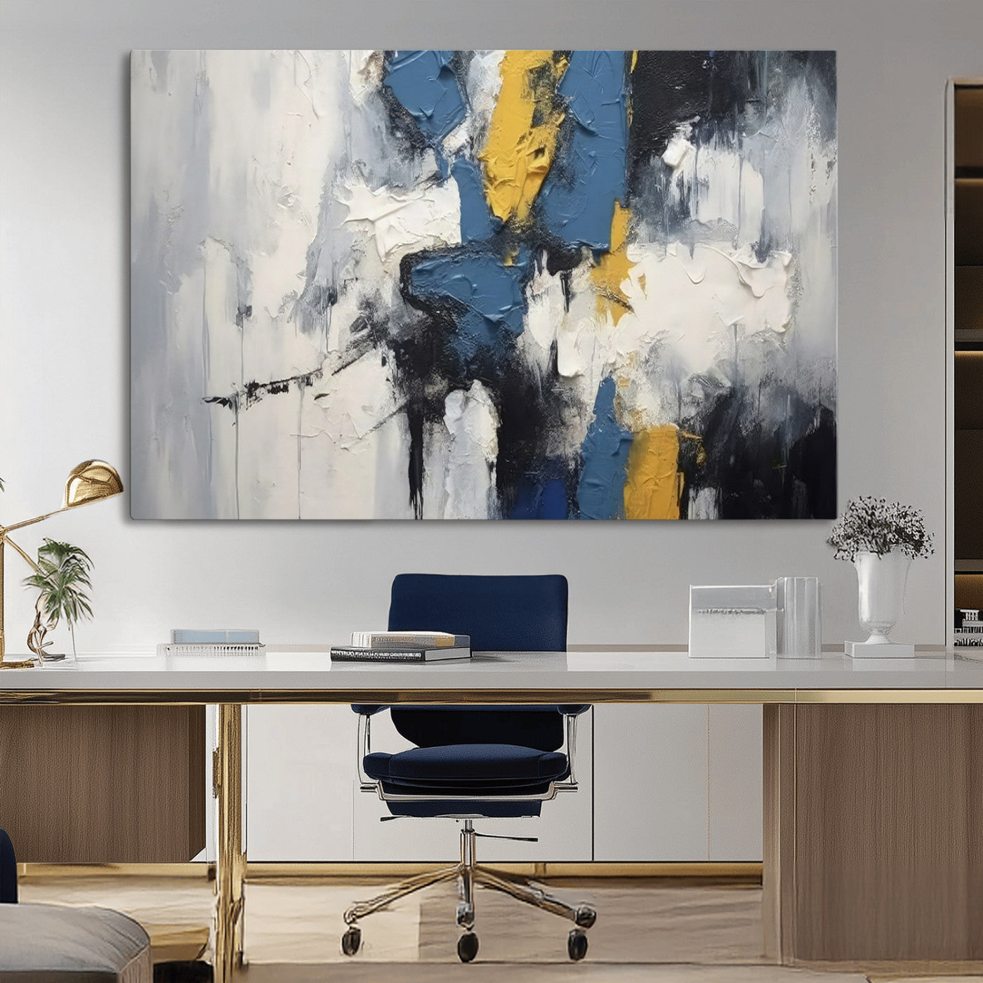 63850-MGV-CV-36X24-Abstract Blue and Yellow Wall Art – Modern Textured Canvas Painting, Bold Contemporary Artwork for Living Room, Bedroom or Office