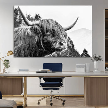 61570-MGV-CV-36X24-Highland Cow Wall Art – Black and White Scottish Bull Canvas Print, Rustic Farmhouse Animal Decor for Living Room, Bedroom, or