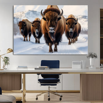 56701-MGV-CV-36X24-Bison Herd Wall Art – Buffalo Walking in Snowy Mountains Canvas Print, Rustic Wildlife Decor for Cabin, Lodge, or Living Room