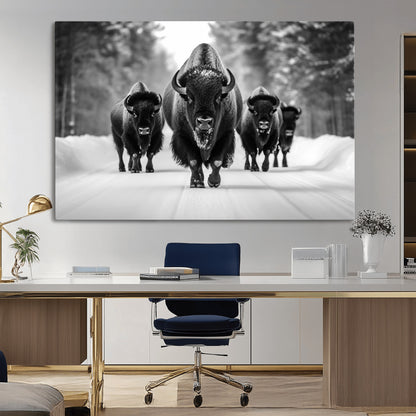 45287-MGV-CV-36X24-Bison Herd Wall Art – Black and White Buffalo Snow Road Canvas Print, Rustic Wildlife Decor for Cabin, Lodge or Living Room