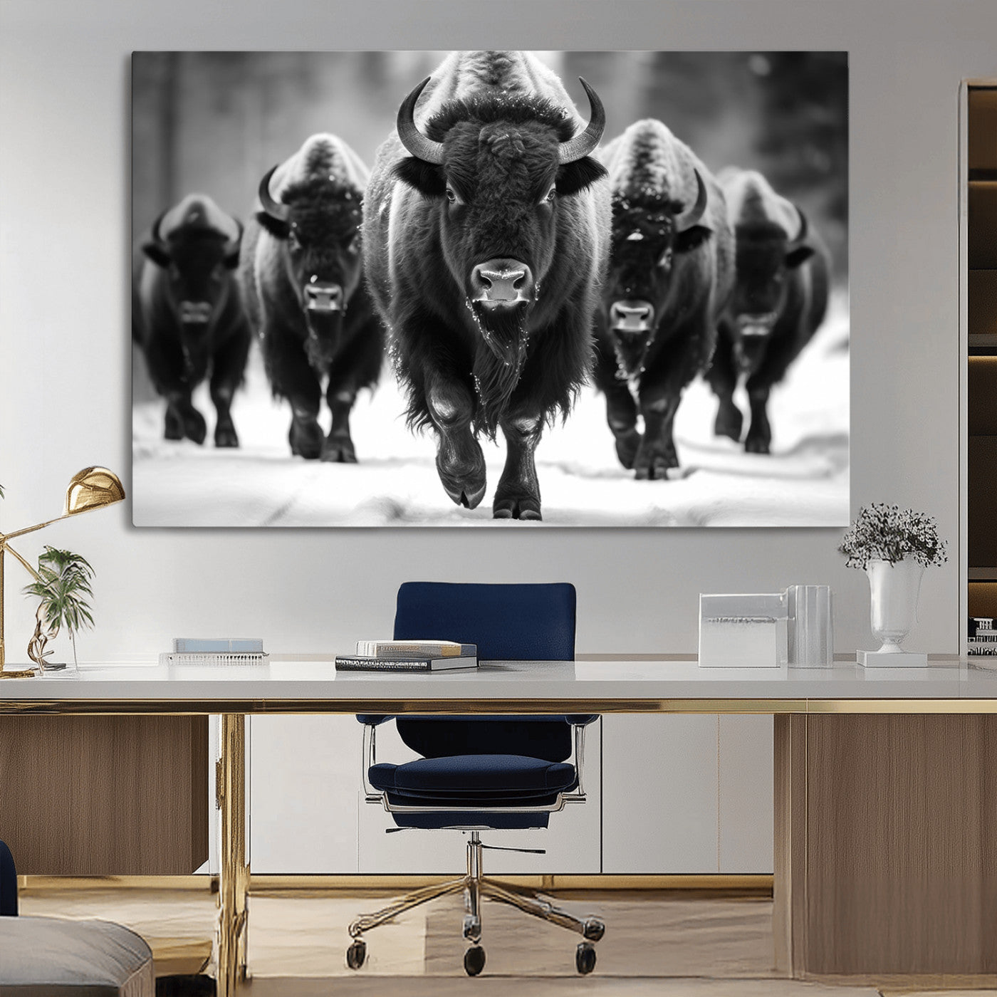 79872-MGV-CV-36X24-Bison Herd Wall Art – Black and White Buffalo on Snow Canvas Print, Rustic Wildlife Decor for Lodge, Cabin, or Living Room