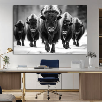 79872-MGV-CV-36X24-Bison Herd Wall Art – Black and White Buffalo on Snow Canvas Print, Rustic Wildlife Decor for Lodge, Cabin, or Living Room
