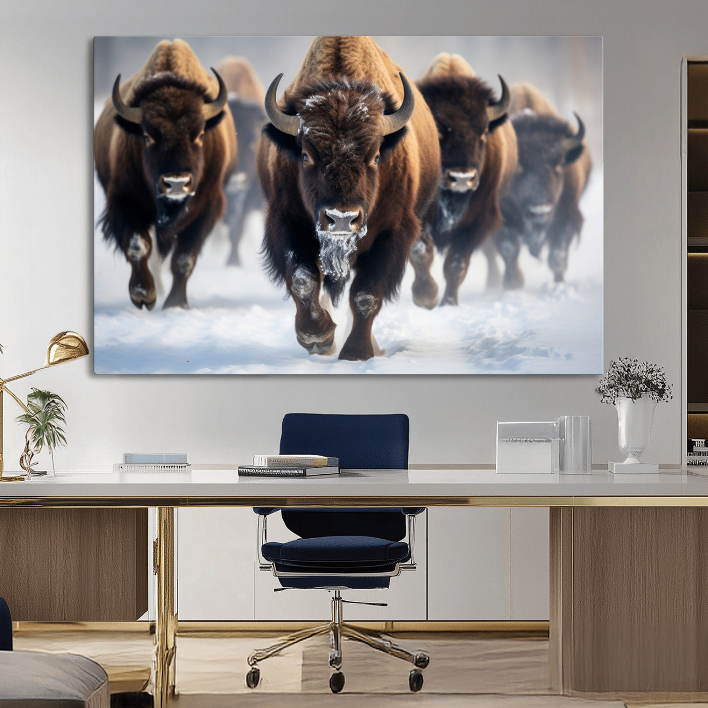 80512-MGV-CV-36X24-Bison Herd Wall Art – Buffalo Running in Snow Canvas Print, Rustic Wildlife Photography Decor for Cabin, Lodge, or Living Room
