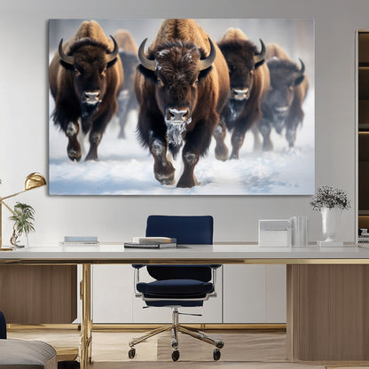80512-MGV-CV-36X24-Bison Herd Wall Art – Buffalo Running in Snow Canvas Print, Rustic Wildlife Photography Decor for Cabin, Lodge, or Living Room