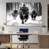 97552-MGV-CV-36X24-Black and White Bison Wall Art – Buffalo Herd Running in Snow Canvas Print, Rustic Wildlife Photography Decor for Cabin, Lodge, or